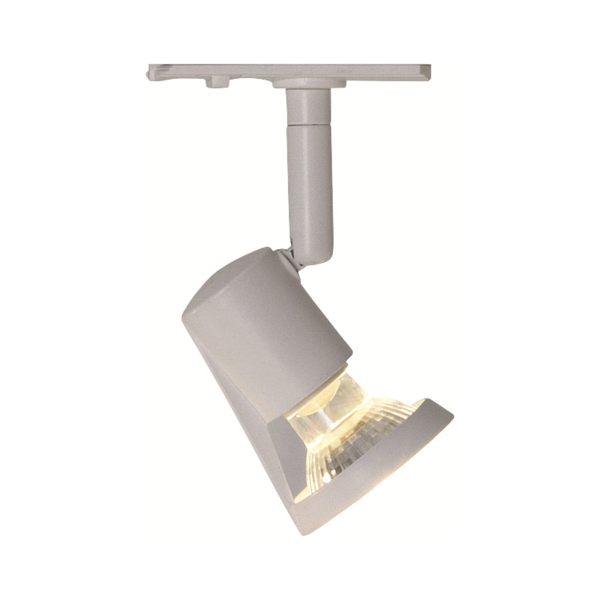 Halo Track Fair LED Spotlight 5W in white, showing a scoop-shaped head on a knuckle joint and drop tube fixed to a flat track shoe, set against a plain white background.