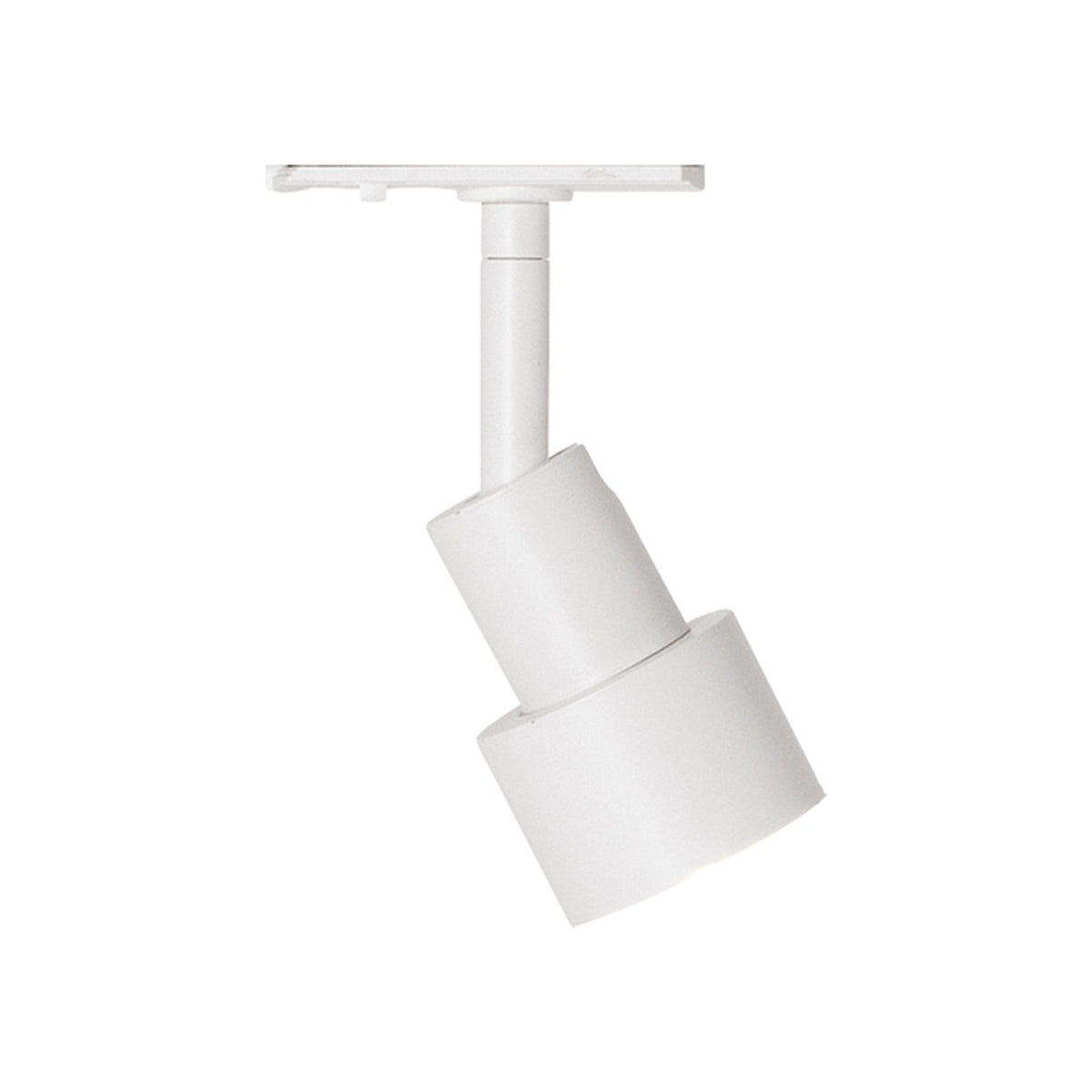 Halo Track Art LED Spotlight in white, with an angled cylindrical head, adjustable front sleeve, and knuckle joint on a short drop tube, shown on a plain white background.