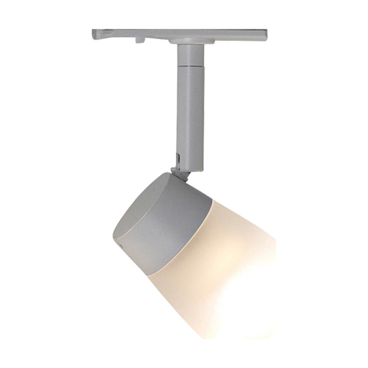 Halo track LED spotlight with a white opal glass cylinder in a white metal collar, adjustable knuckle joint, drop tube and track shoe, shown on a plain white background.
