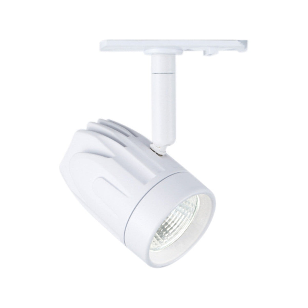 Halo Track All LED Round Spotlight 9W in white, with a ribbed cylindrical head on a knuckle joint, white drop tube and flat track shoe, shown on a plain white background.