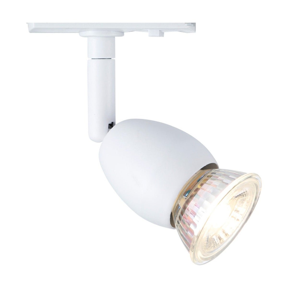 White Halo Track Cheapy Spotlight, egg-shaped GU10 track light head with faceted glass lens, mounted on a knuckle joint and drop tube to a flat track adaptor, plain white background.