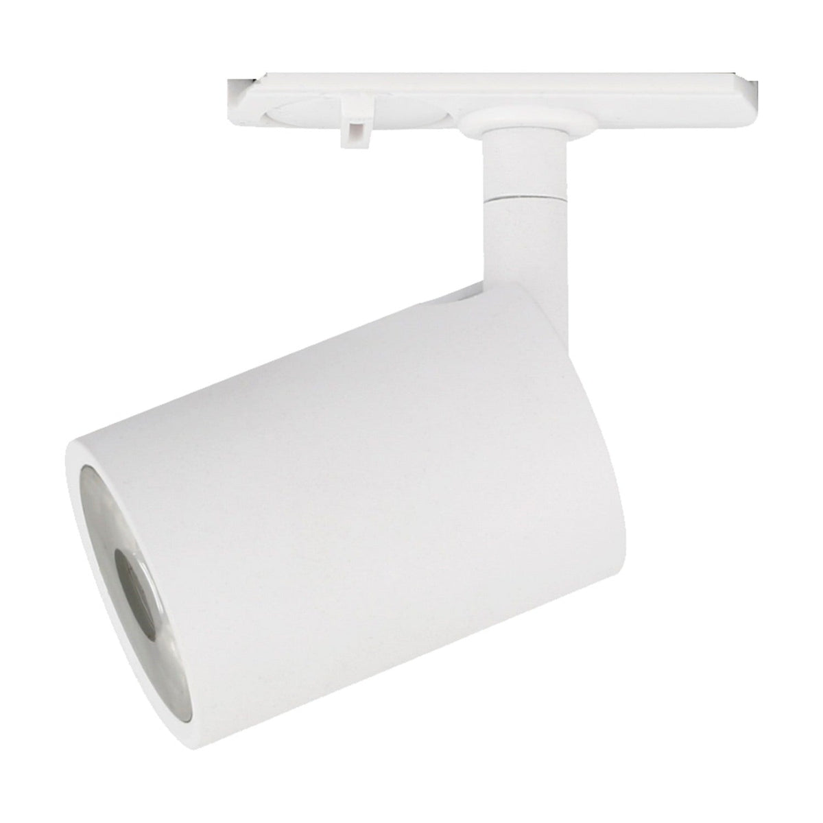 Halo Track Beam Spotlight 8W in white, a cylindrical spotlight head on an adjustable knuckle joint with drop tube and flat track shoe, recessed lens visible, shown on a plain white background.