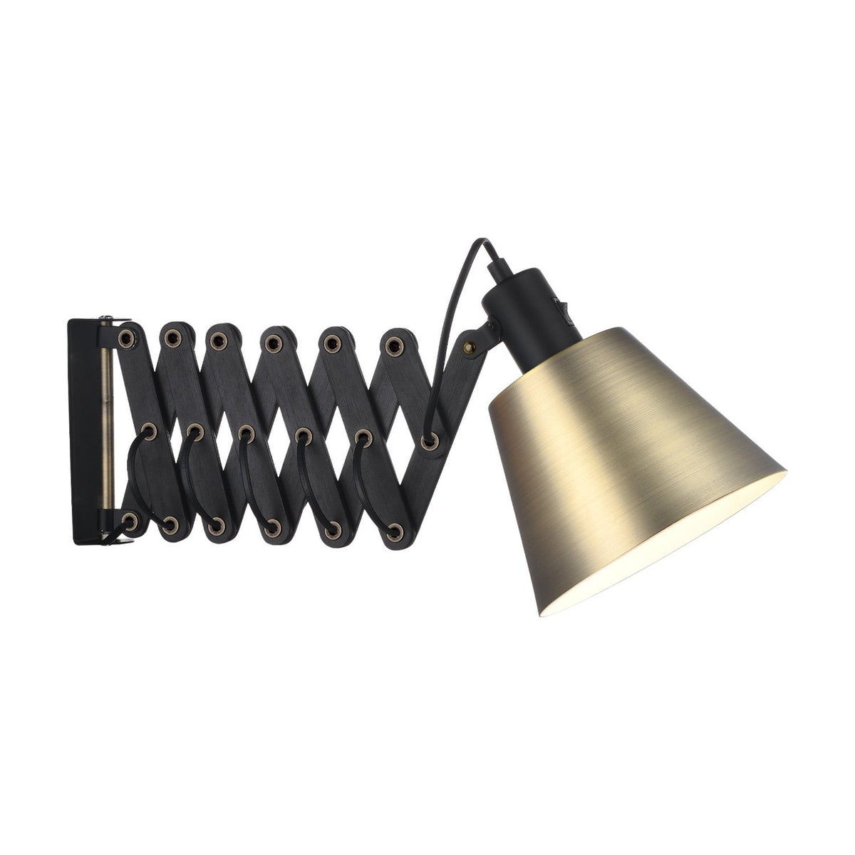 Vintage Oiled Wall Light with an extendable black scissor arm and antique brass cone shade, shown on a plain white background.
