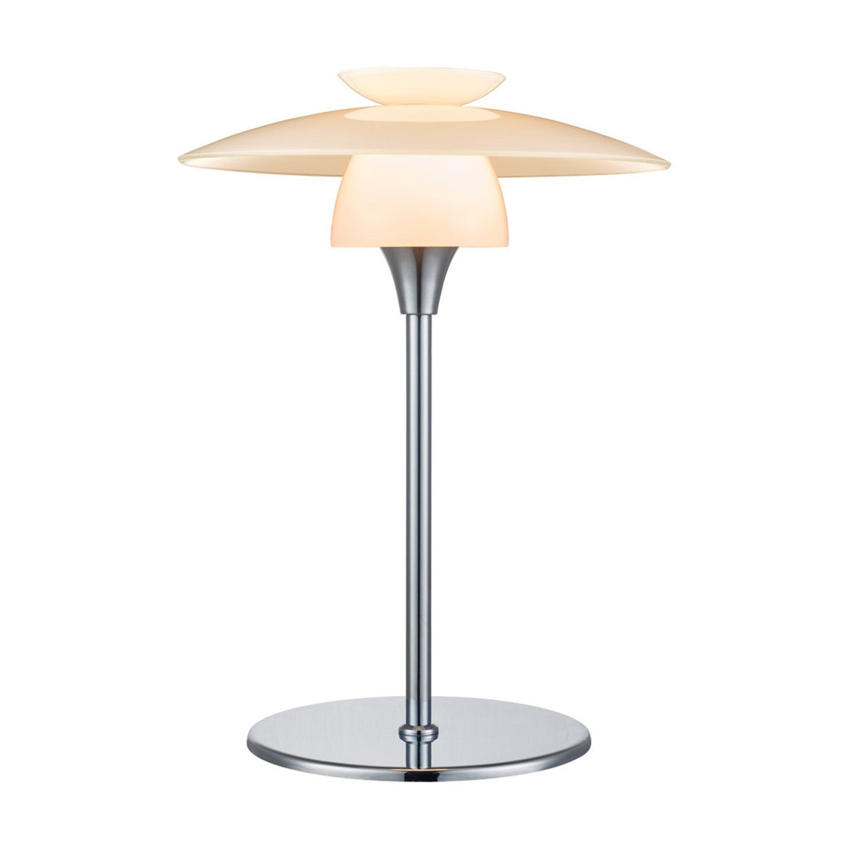 Scandinavia Table Lamp 20cm in opal and chrome, with stacked opal glass plates glowing on a slender chrome stem and round chrome base, shown on a plain white background.