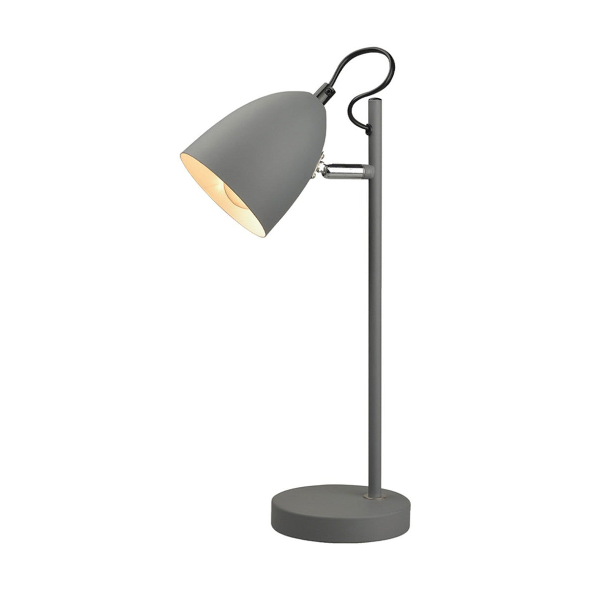 Yep Table Lamp in light grey, featuring a tapered dome shade on an adjustable chrome pivot, straight round post, and circular base, set against a plain white background.