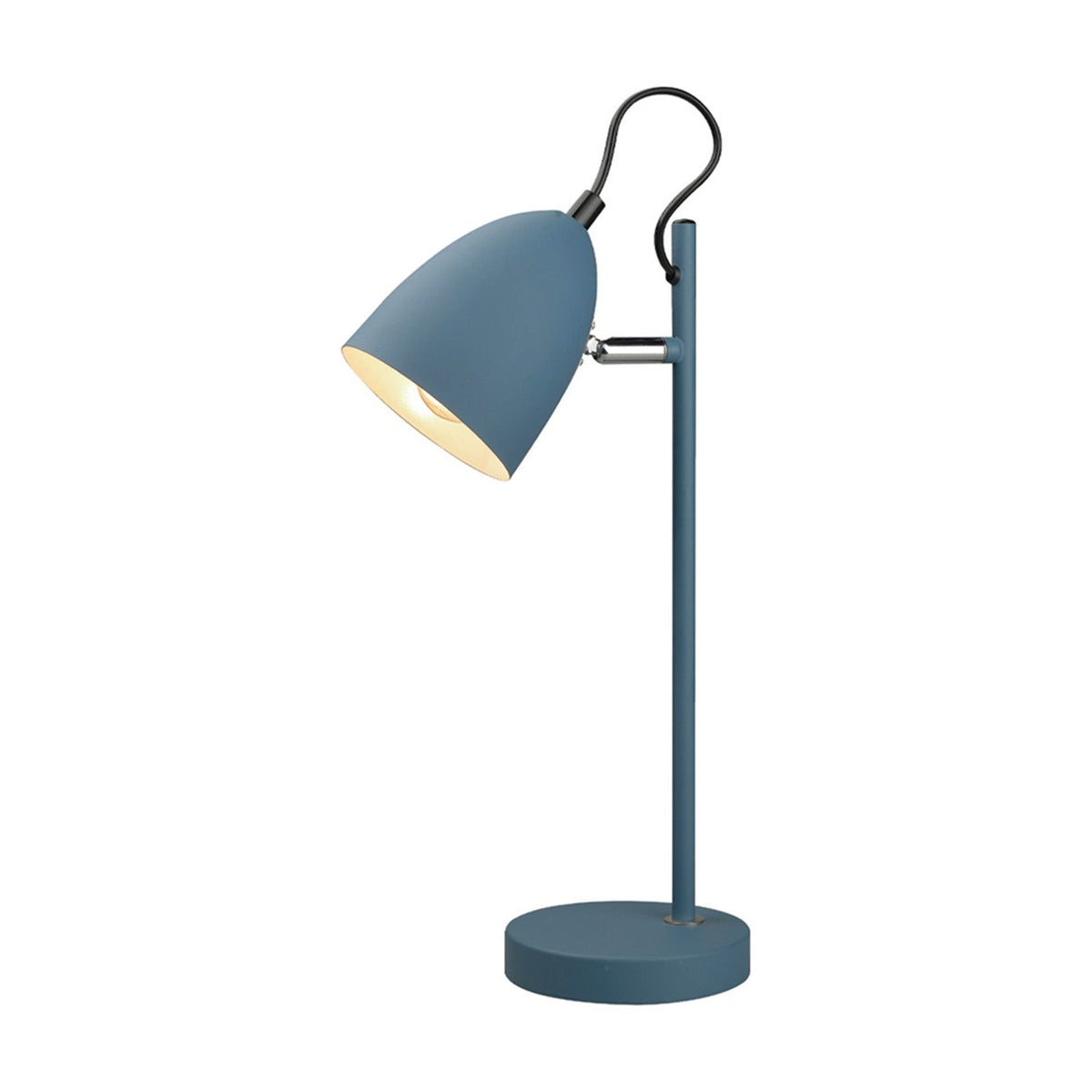 Yep Table Lamp in petrol blue with a tapered dome shade on a chrome pivot, straight round post, black curved hook accent, and round base, shown on a plain white background.