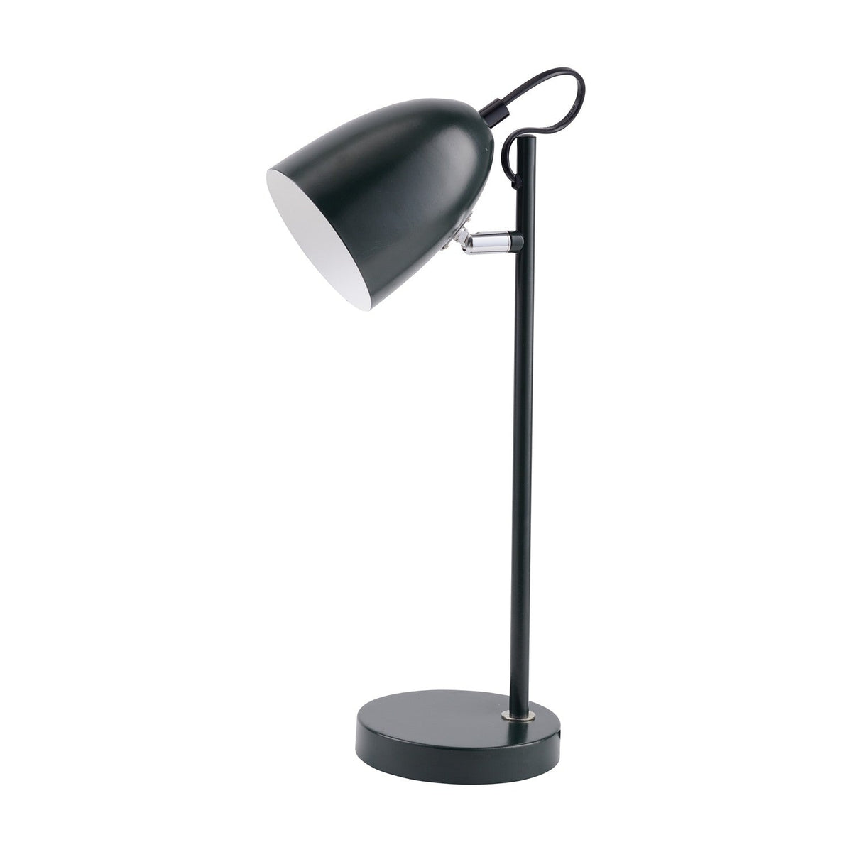 Yep Table Lamp in black with a tapered dome shade on an adjustable pivot, white-lined interior, slim round post and circular base, shown on a plain white background.
