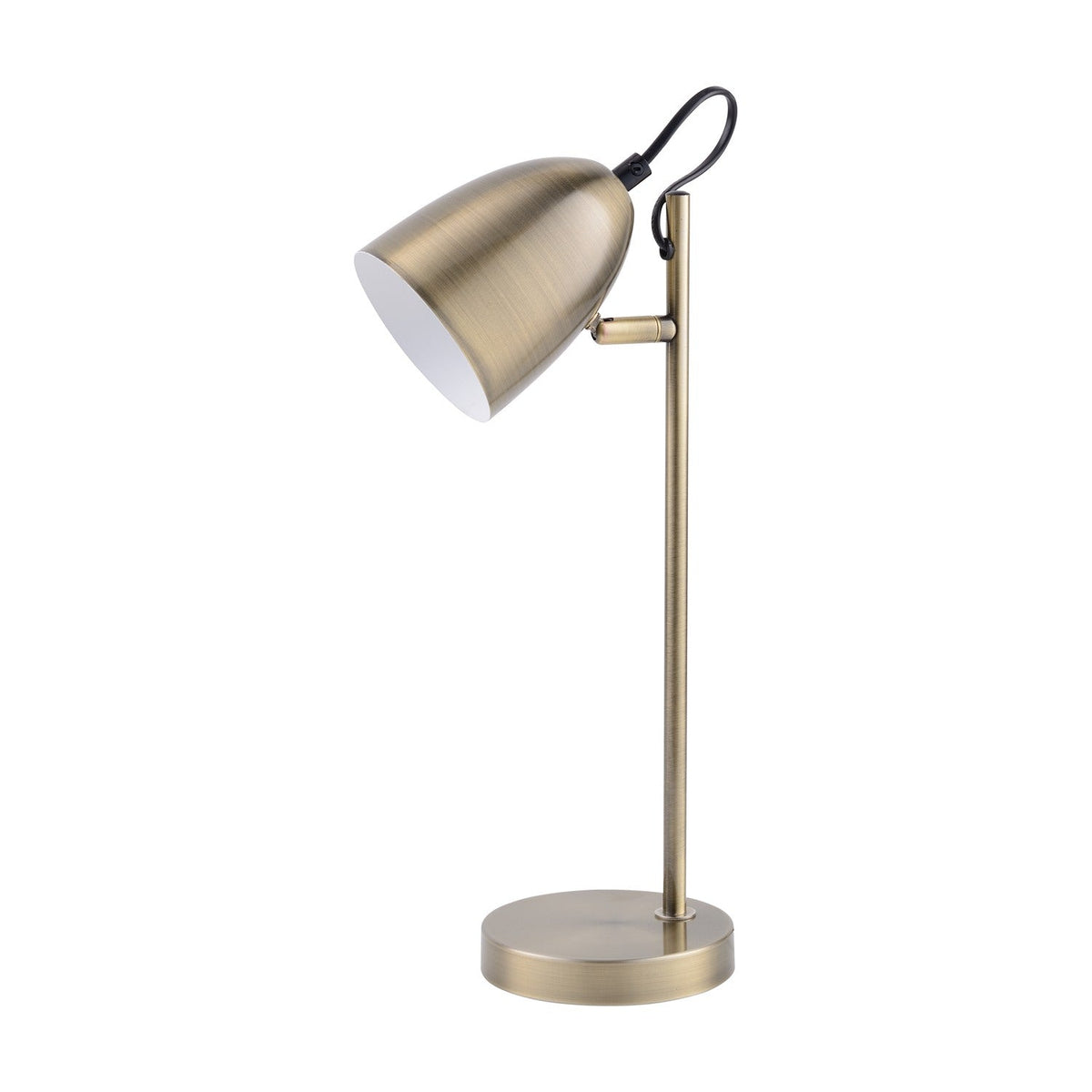 Yep Table Lamp in antique brass with a tapered dome shade, white interior lining, and straight post on a round base, shown on a plain white background.