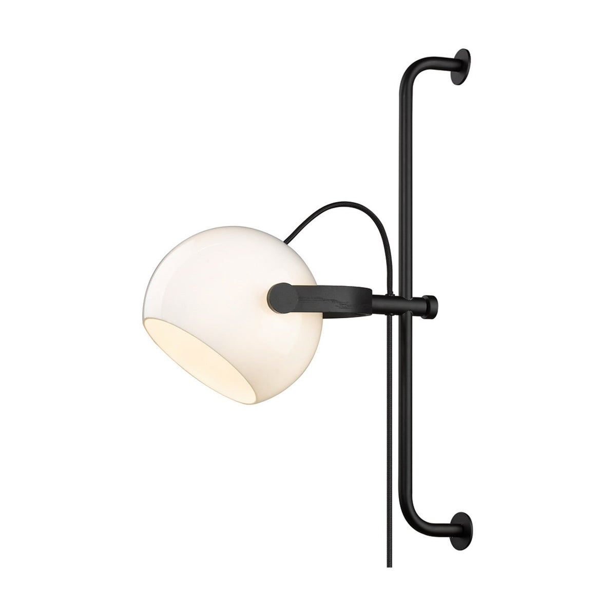DC Long Wall Light 18cm in opal, oak and black: a round opal glass shade on a black arm that clamps to a vertical black wall rail, shown on a plain white background.