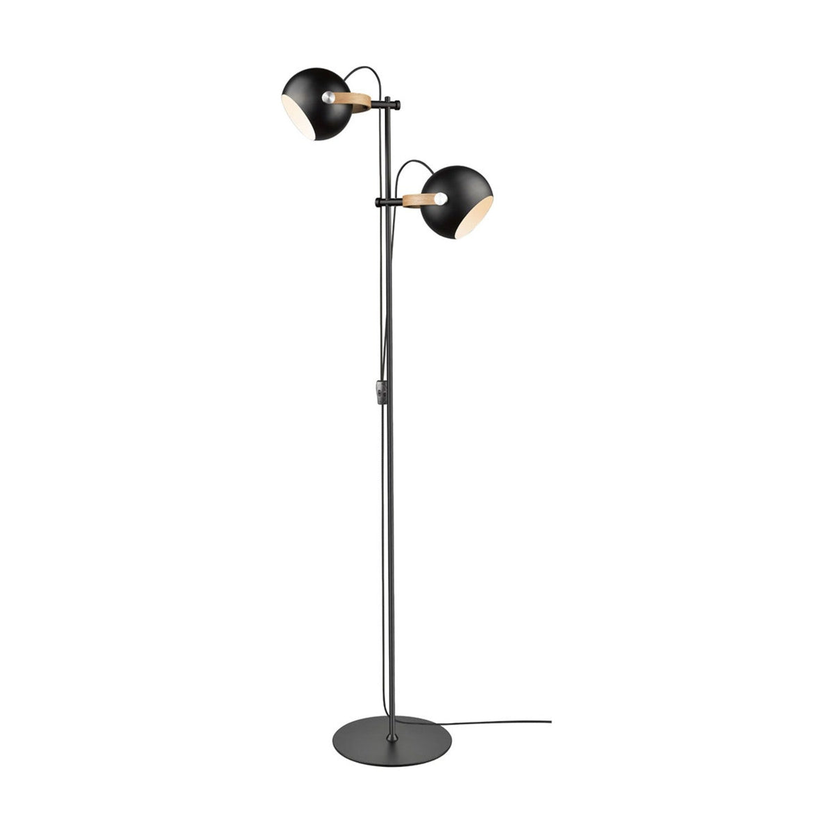 DC 2 Light Floor Lamp with black stem and round base, two matte black spheres on oak arms with pivot screws, white interiors, set against a plain white background.