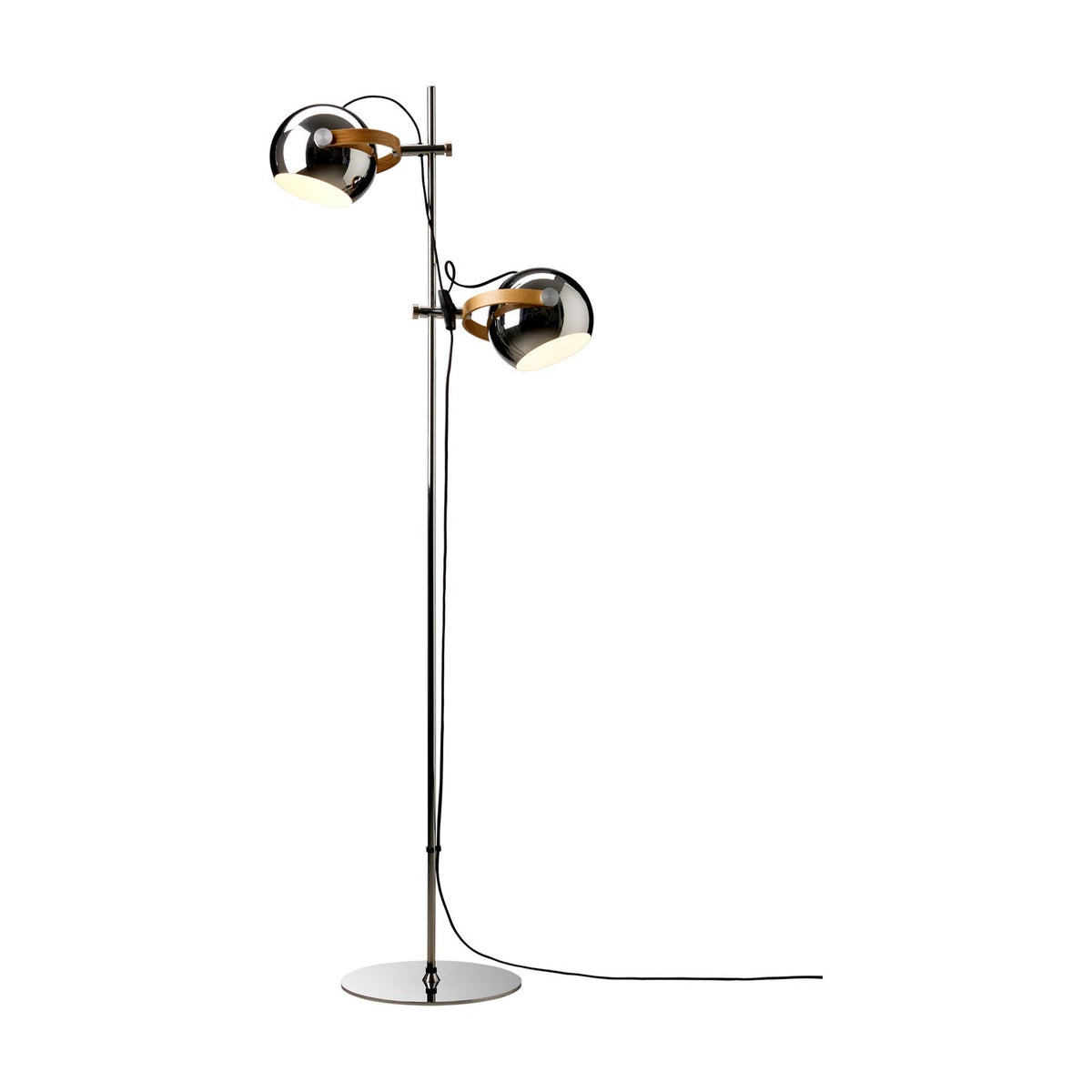 DC 2 Light Floor Lamp in chrome, featuring two round adjustable shades on oak-accented arms along a slim stem with a flat disc base, set against a white background.