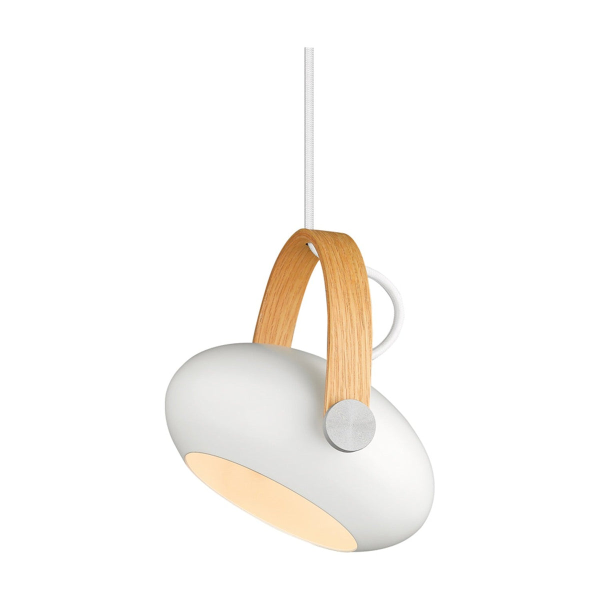 DC Pendant Light 18cm in white and oak, egg-shaped shade with an oak strap handle pinned by a metal disc and white cable, shown on a plain white background.