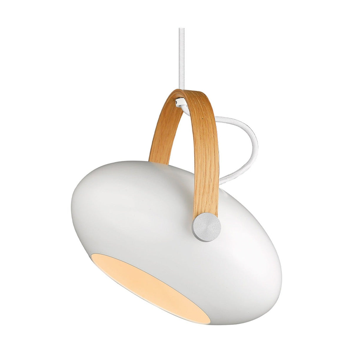 DC Pendant Light 26cm in white and oak, egg-shaped shade with an arched oak strap handle and white cable, shown on a plain white background.