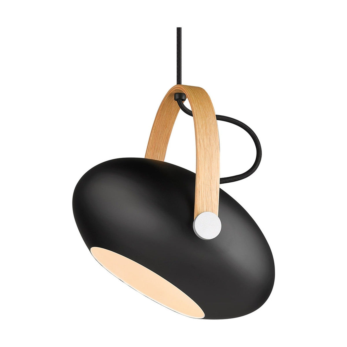 DC Pendant Light 26cm in black and oak, egg-shaped shade with an arched oak strap handle pinned by a metal disc, black braided flex, shown on a plain white background.