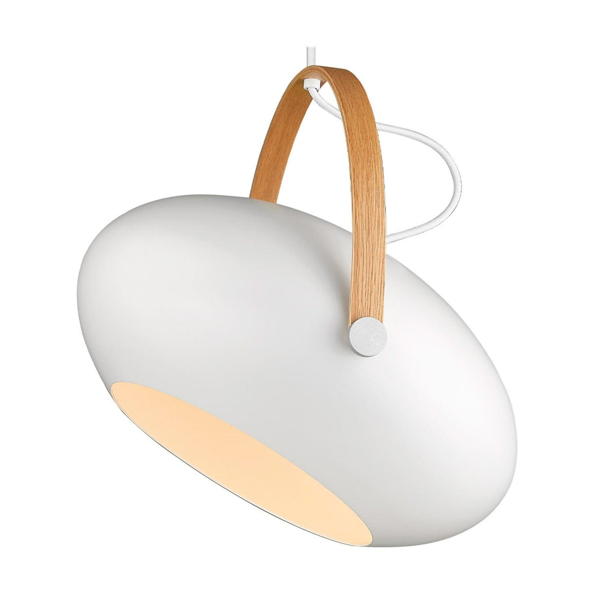 DC Pendant Light 40cm in white and oak, egg-shaped shade with an arched wooden strap handle and white cable, shown on a plain white background.