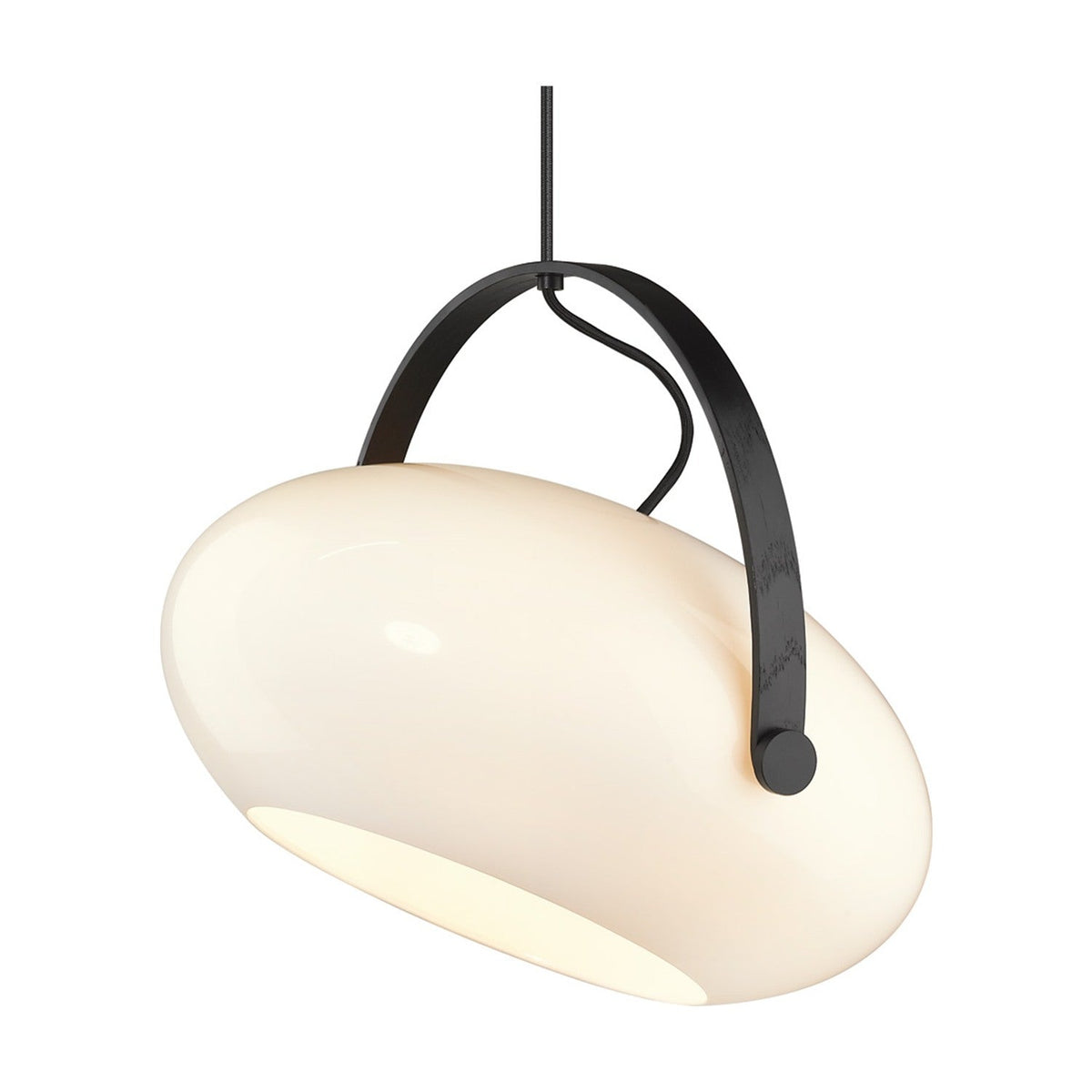 DC Pendant Light 40cm in opal glass with an egg-shaped shade, black arched handle strap, and braided flex cord, shown against a plain white background.