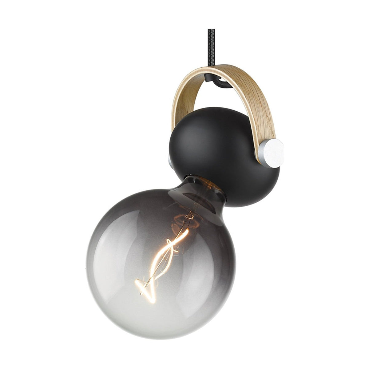 DC Cable Pendant Light 10cm in black and oak, with a matt black sphere held by an arched oak strap, exposed E27 globe bulb below, on a plain white background.