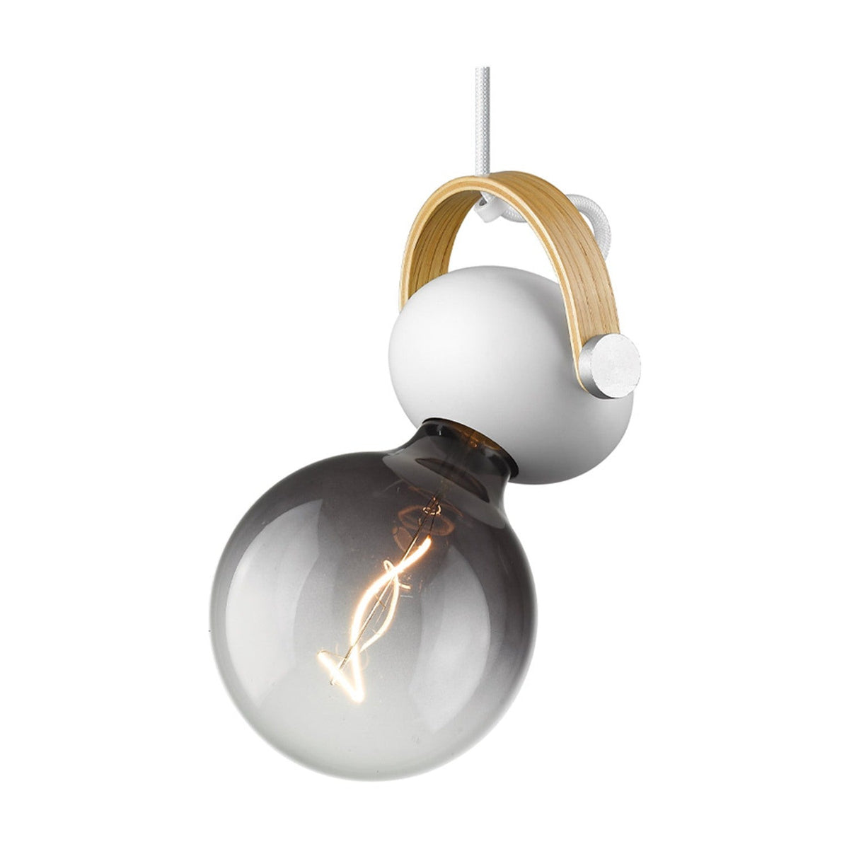 DC Cable Pendant Light 10cm in white and oak, a small white sphere held by an arched oak strap with a metal pin, exposed E27 bulb below, on a plain white background.
