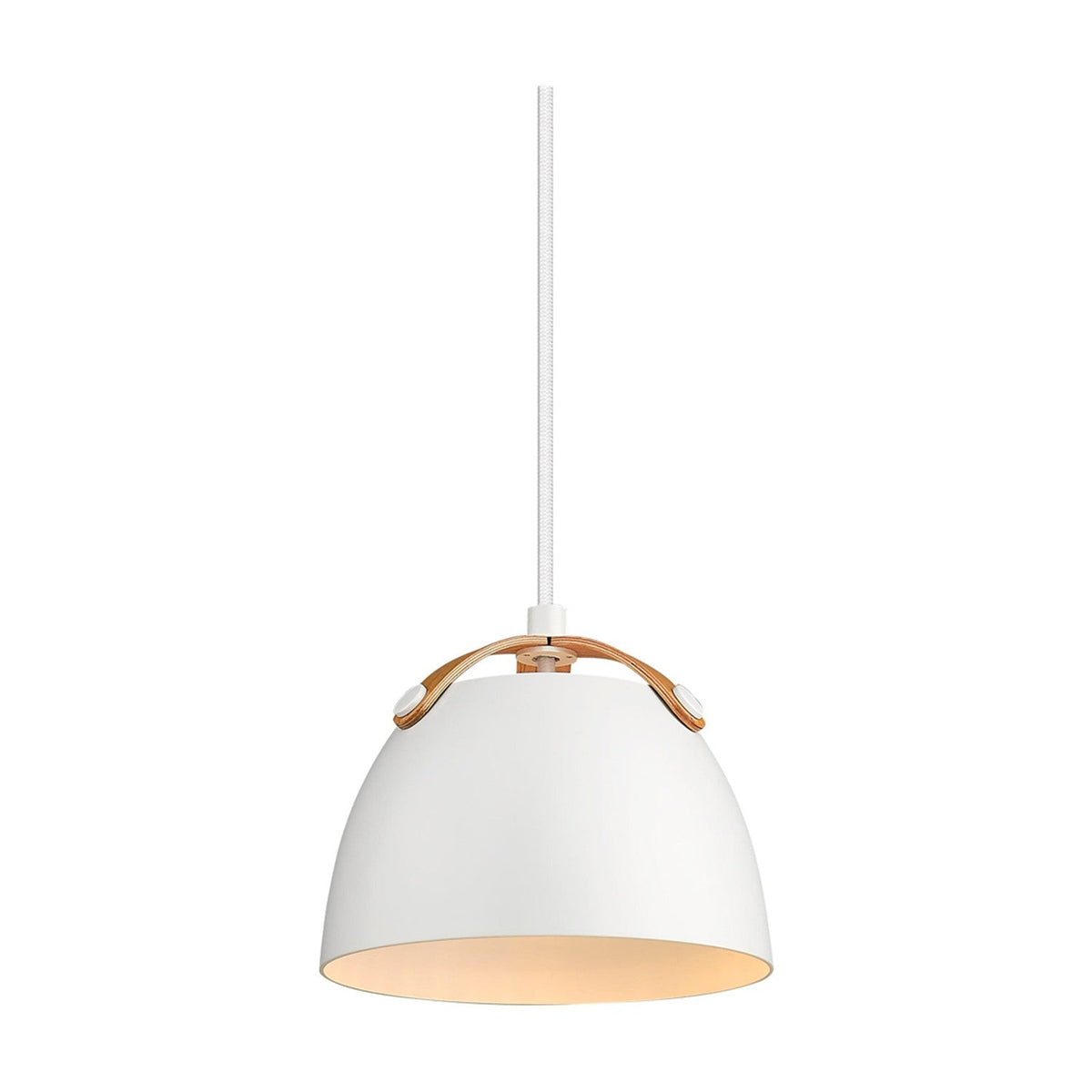 Oslo Pendant Light 16cm in white with an arched pale oak strap across the dome, cream-lined interior, and white braided flex, shown on a plain white background.