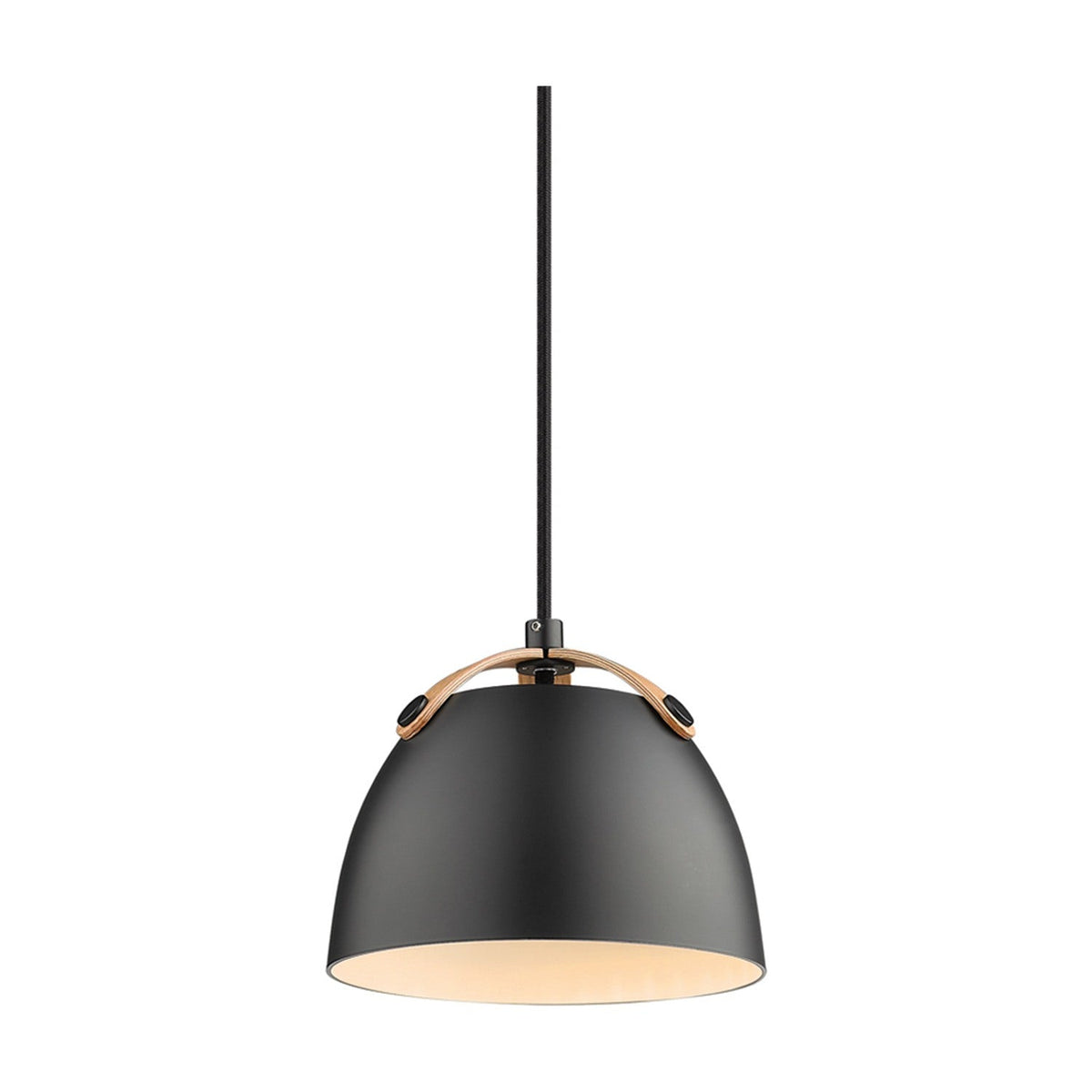 Oslo Pendant Light 16cm in black and oak, dome shade with arched wood strap handle and cream inner lining, black flex, shown on a plain white background.