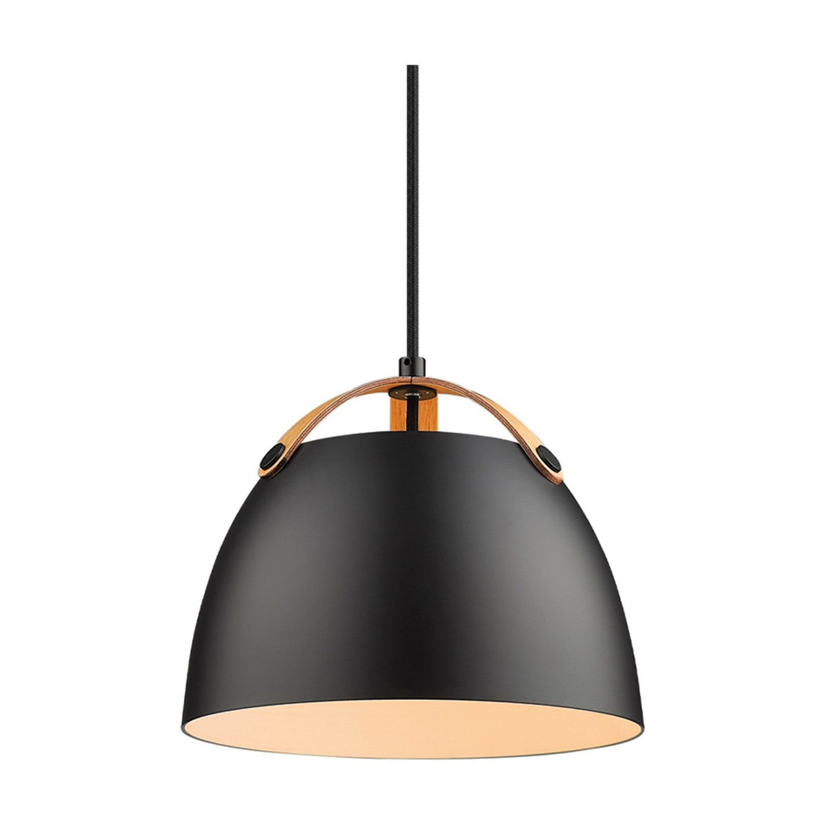 Oslo Pendant Light 24cm in matt black with an arched pale oak strap across the dome, cream inner lining, and black braided flex, shown on a plain white background.