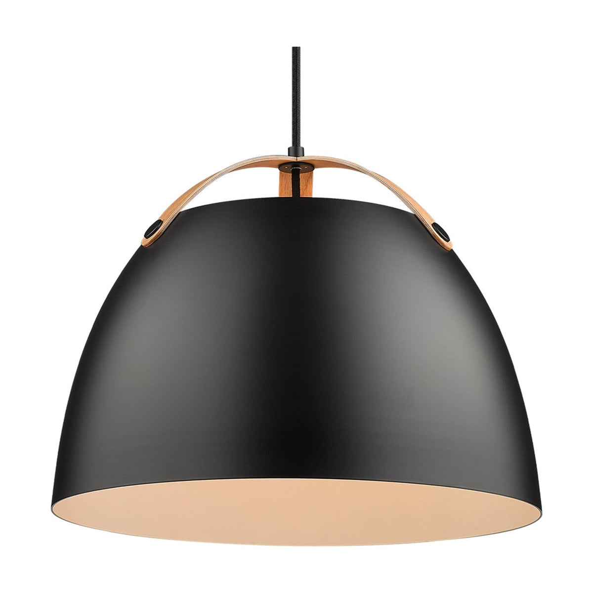 Oslo Pendant Light 40cm in black with an arched oak handle across the dome, cream-lined interior visible at the wide open rim, on a plain white background.