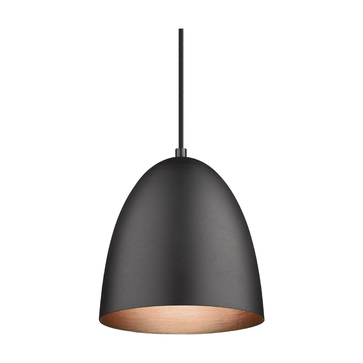 The Classic Brushed Pendant Light 20cm in black features a tall dome-shaped shade with a brushed finish and copper-lined interior, shown on a black cord against a plain white background.