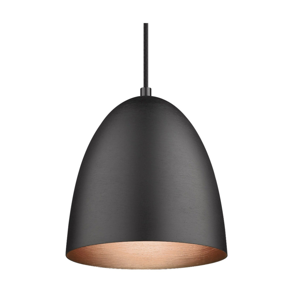 The Classic Brushed Pendant Light 30cm in black features a tall dome shade with a copper-lined interior, suspended on a black cord against a plain white background.