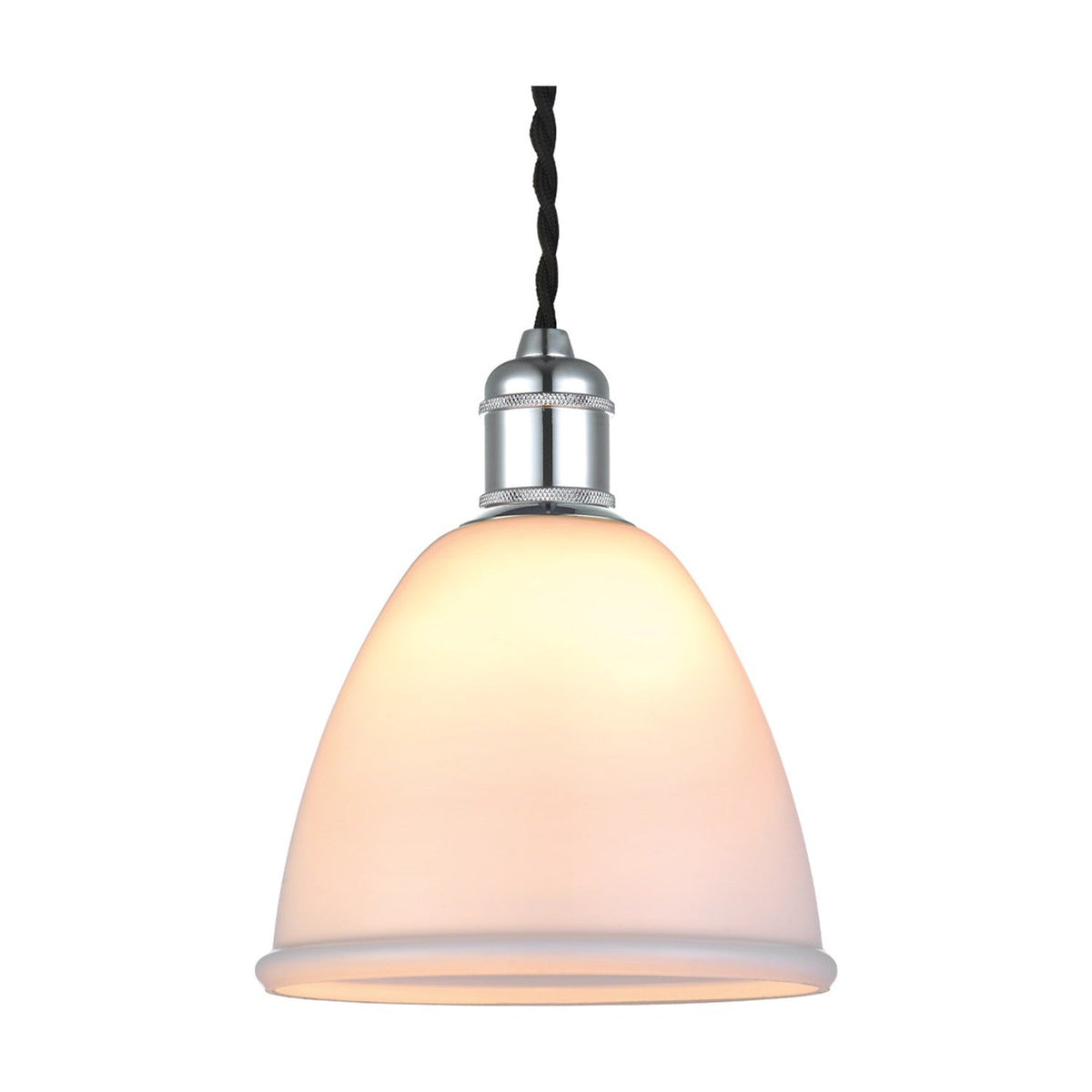Wave Glass Pendant Light 15cm in Opal, a domed white glass shade with rolled rim on a polished chrome holder with knurled bands, black twisted flex, on a plain white background.
