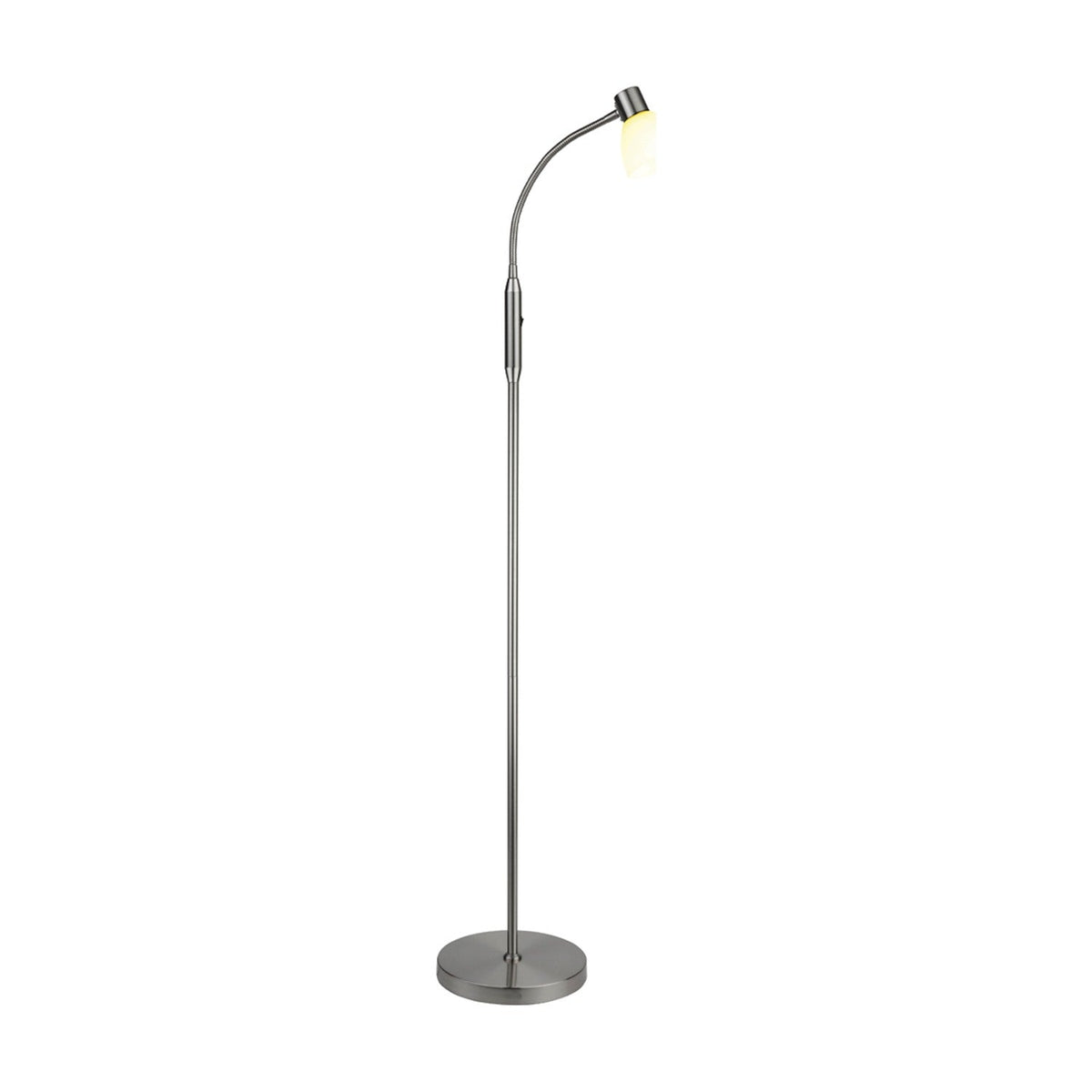 Hudson Glass Floor Lamp in opal and steel, slim brushed steel column on round base with flexible gooseneck holding a small opal glass shade, on a plain white background.
