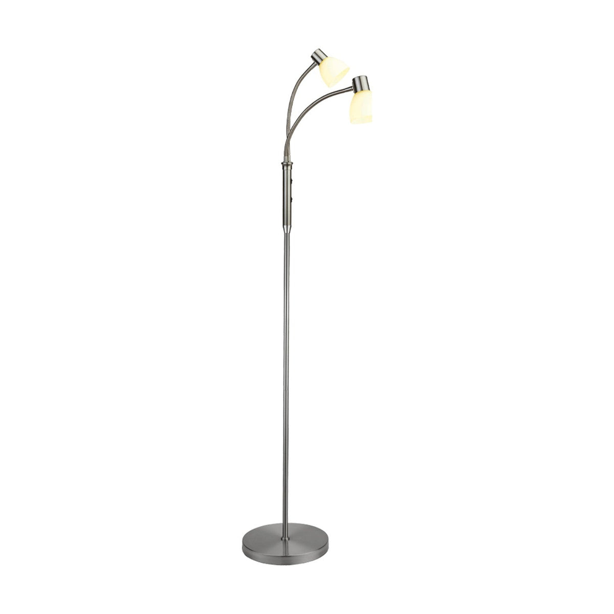 Hudson 2 Light Floor Lamp with a slim brushed steel column on a round base, splitting into two curved goosenecks each holding a flared opal glass shade, shown on a plain white background.