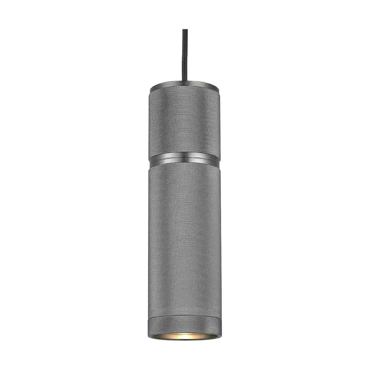 Halo Cylinder pendant light in gunmetal, a tall slim knurled metal tube with a central turned band, hung from a black cable on a white background.