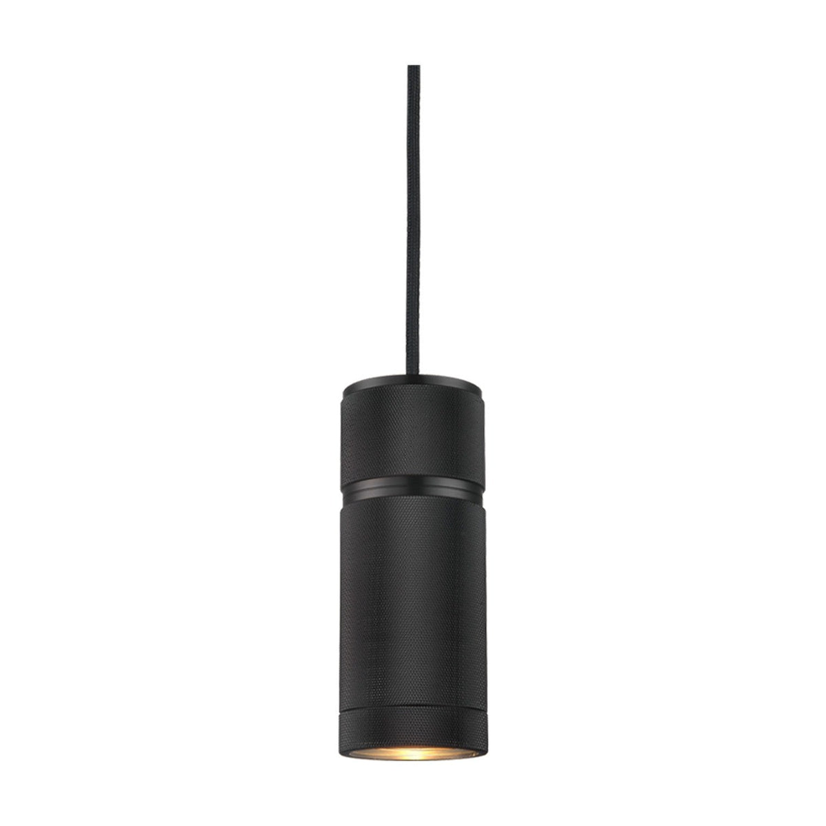 Halo Small Pendant Light in black, a short cylindrical fitting with fine knurled texture and a turned band, hung on a black flex against a plain white background.
