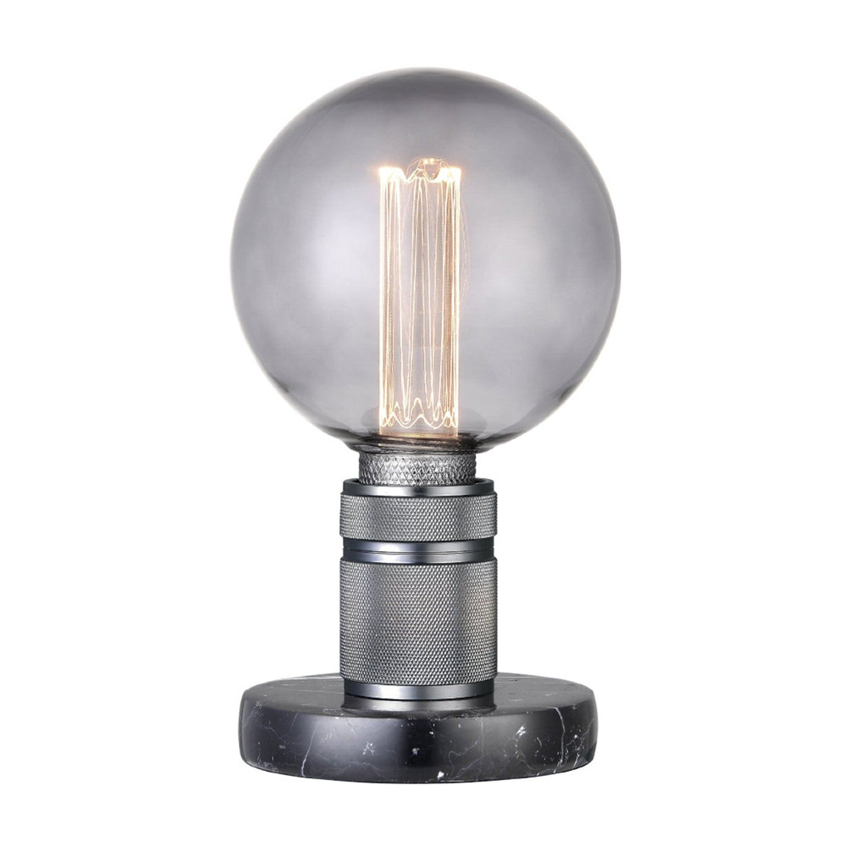 Halo Table Lamp in gunmetal with a knurled cylindrical base on a black marble disc, holding an exposed globe bulb, shown on a plain white background.