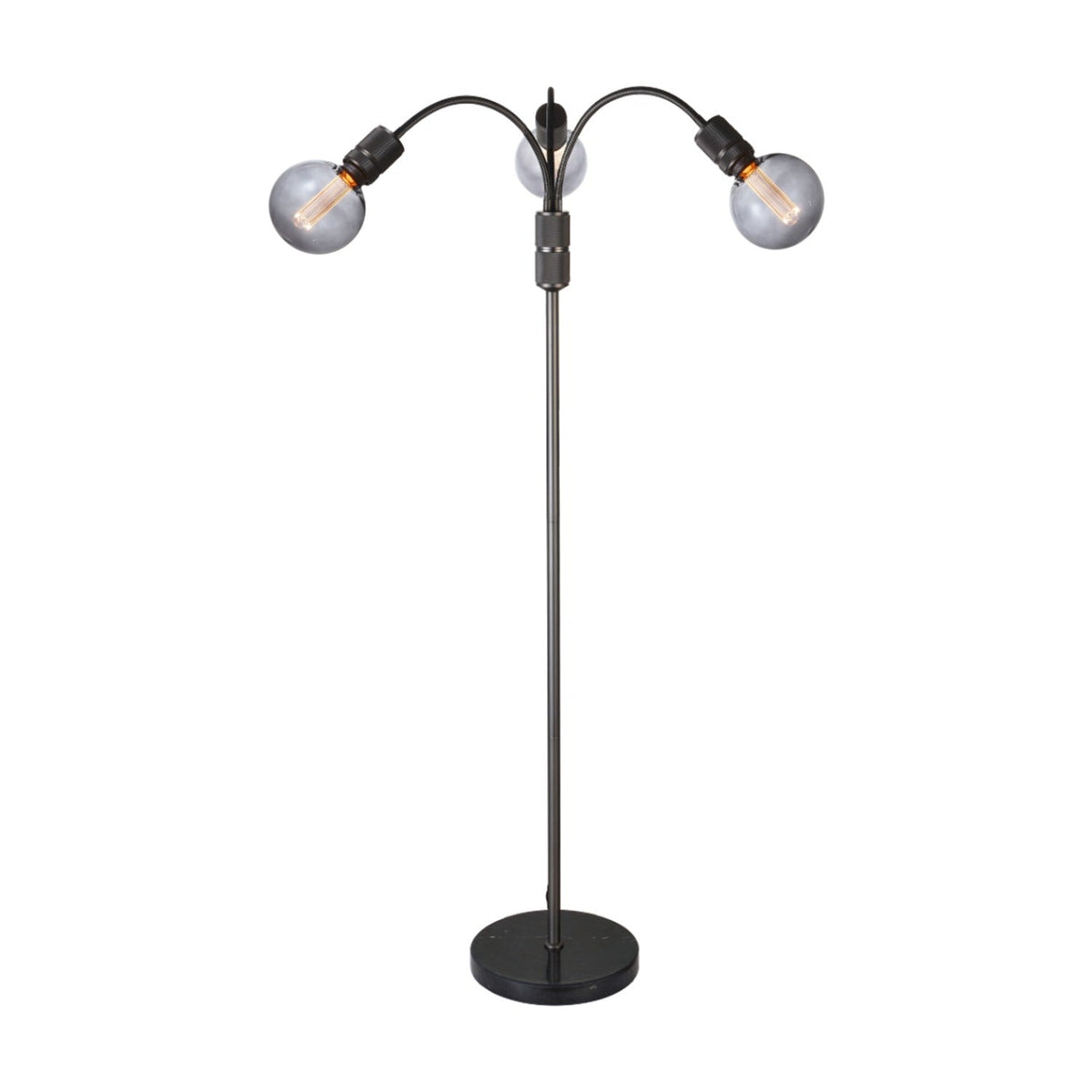 Halo 3 Light Floor Lamp in gunmetal, with a slim black stem on a round marble base branching into three curved arms holding smoked glass globe bulbs, shown on a white background.