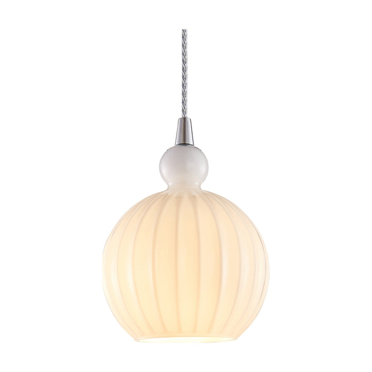 Ball Pendant Light 15cm in opal glass, a ribbed round shade with a small rounded knop, chrome cone fitting, and twisted grey-white fabric flex, shown against a plain white background.