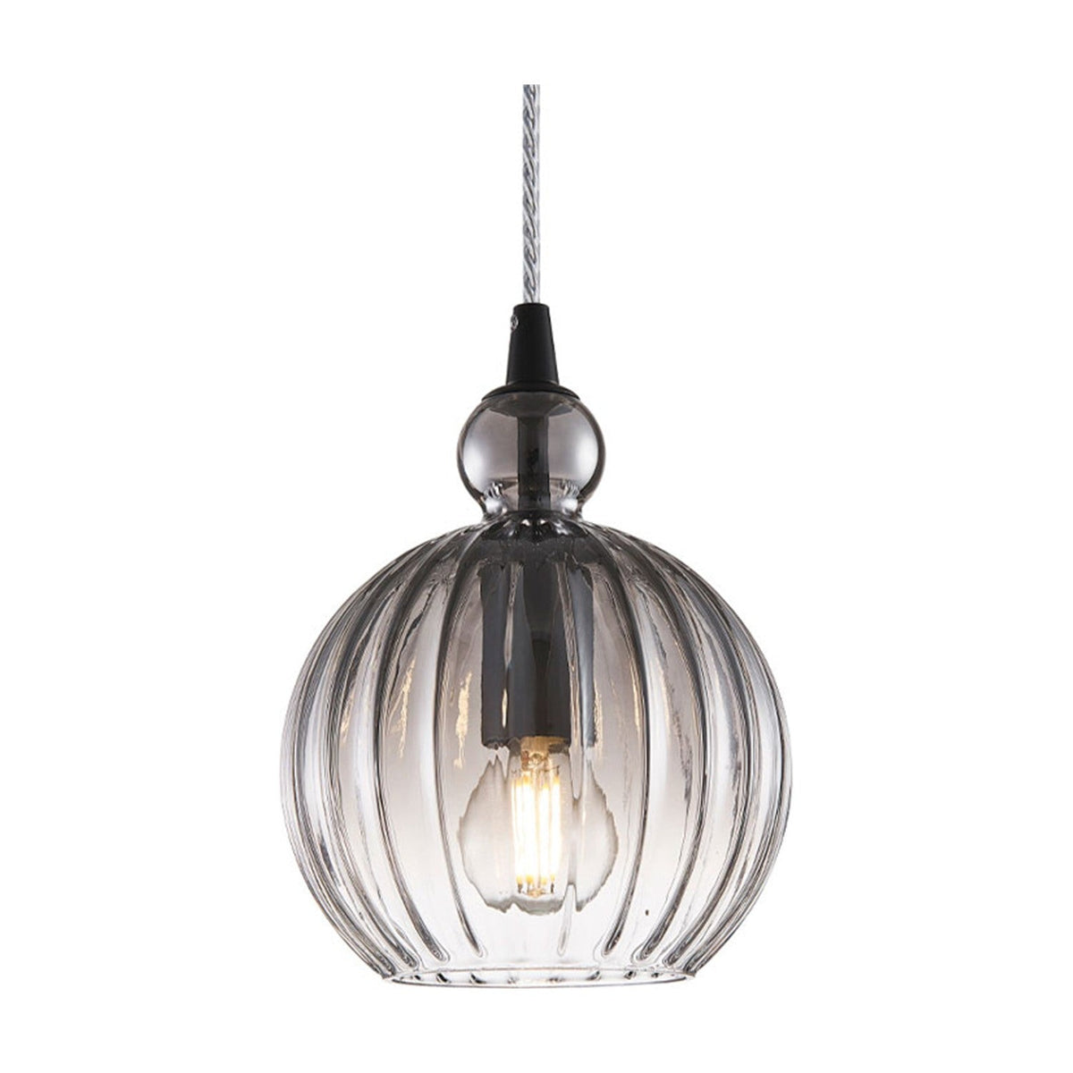 Ball Pendant Light 15cm in smoke grey ribbed glass with a rounded knop and black cone fitting, showing a lit filament bulb against a plain white background.