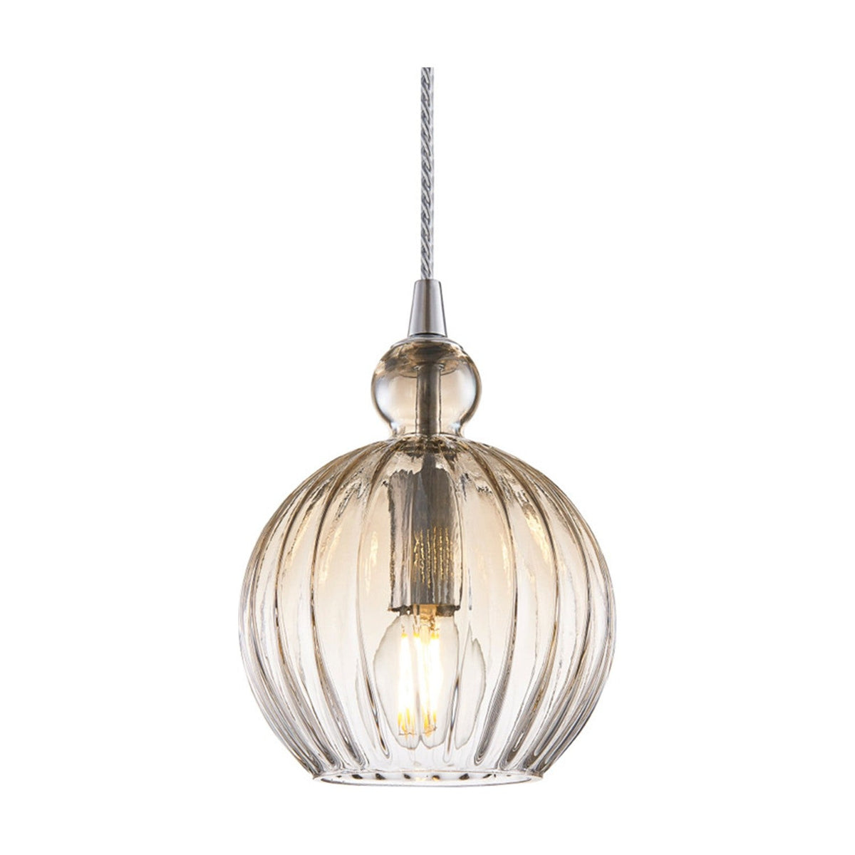 Ball Pendant Light 15cm in amber, a ribbed glass globe with a small rounded glass knop, chrome fitting, and visible filament bulb, shown on a plain white background.