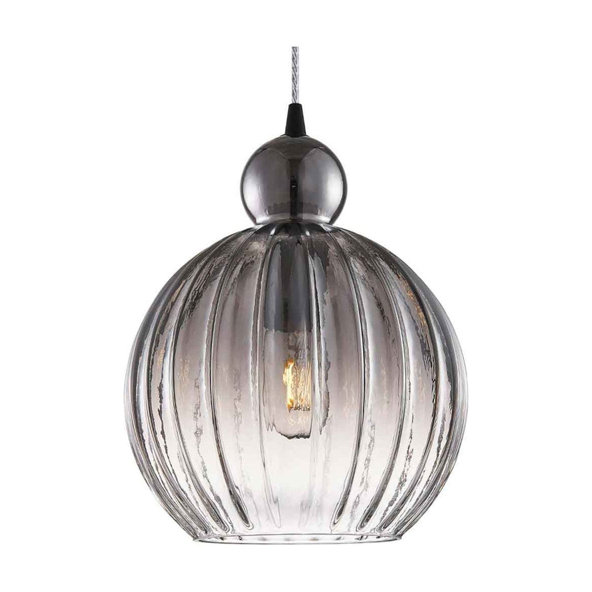 Ball Pendant Light 32cm in smoke, a ribbed globe of smoked glass with a rounded knop above, hung from a twisted cable against a plain white background.