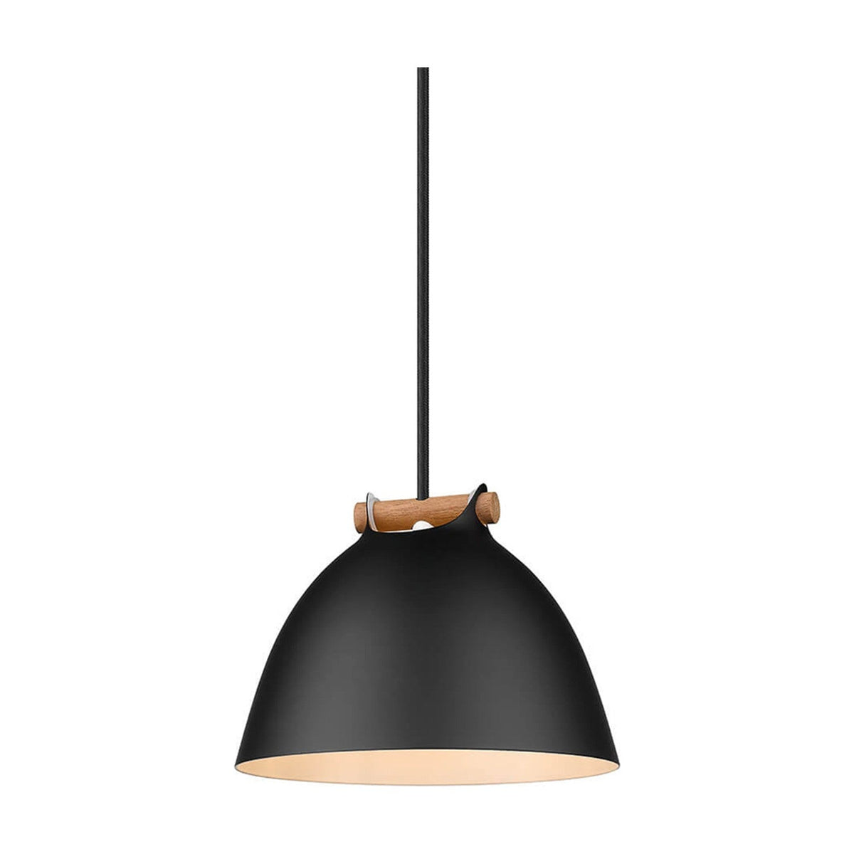 Aarhus 18cm pendant light with a matt black dome shade, cream interior lining, and a pale oak wood handle strap, on a plain white background.