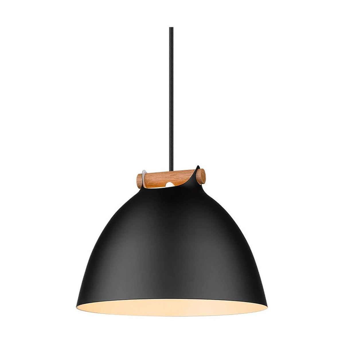 Aarhus Pendant Light 24cm in matt black with a curved pale wood strap on top, cream-lined dome shade and black flex cord, shown on a plain white background.