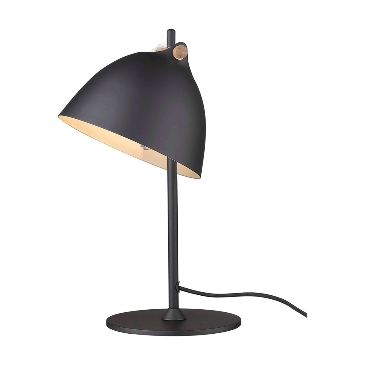 Aarhus Table Lamp 18cm in black and wood, with a tilted dome shade in matte black, cream interior lining, wood pin accent, black post, and round base on a white background.