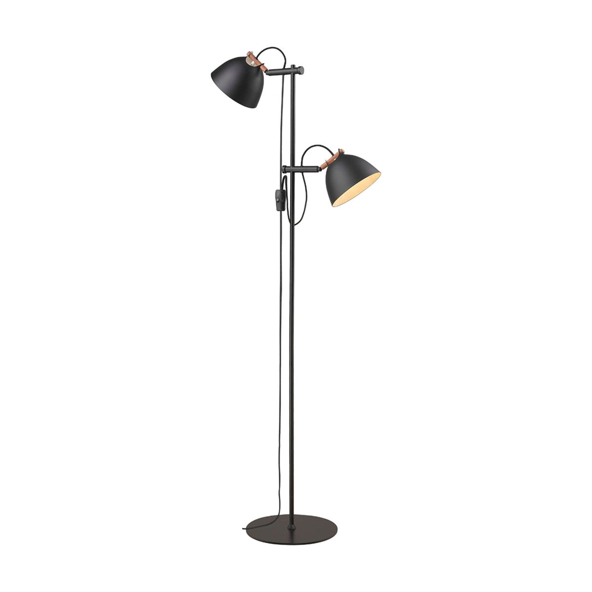 Aarhus 2 Light Floor Lamp in black with wood accents, featuring a slim stem on a round base and two adjustable cone shades with cream interiors, shown on a plain white background.