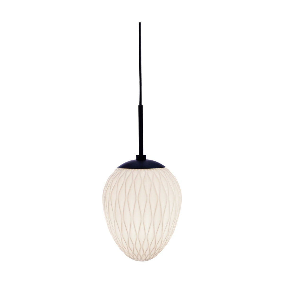 Woods Pendant Light 20cm in opal glass with an egg-shaped shade, fine diamond-cut pattern, black cap and cord, shown against a plain white background.