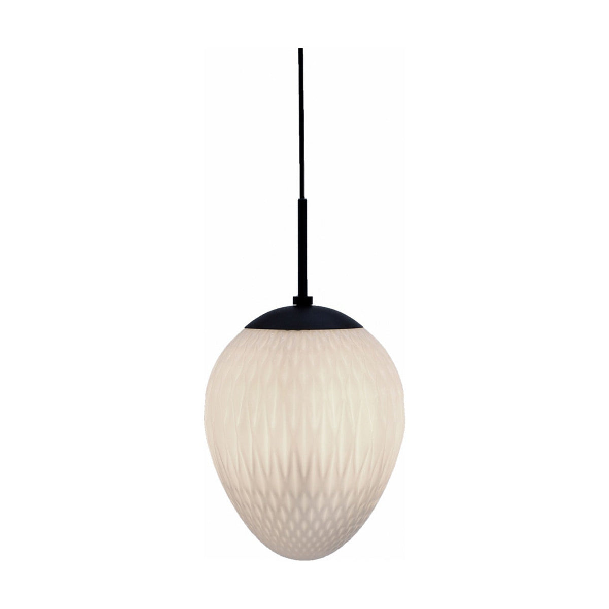 Woods Pendant Light 25cm in opal glass, egg-shaped shade with fine diamond-cut texture, black cap and cord, on a plain white background.