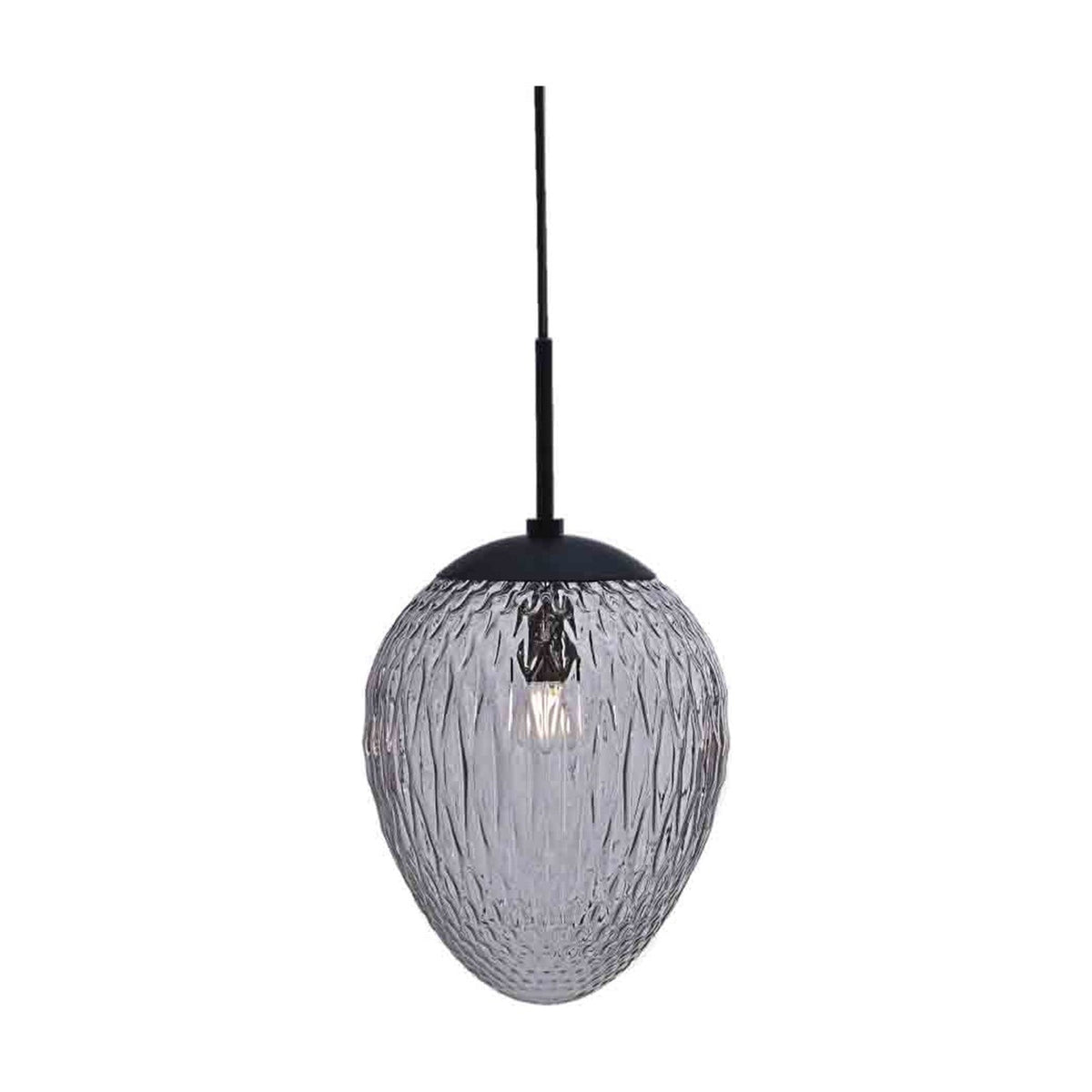 Woods Pendant Light 25cm in smoke grey, an egg-shaped textured glass shade with diamond-cut pattern on a black ceiling mount and cord, shown on a plain white background.