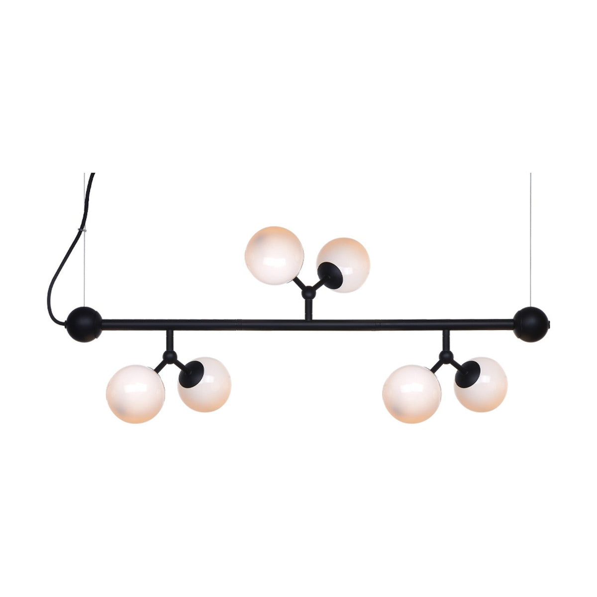 Atom Mini Horizontal Glass 6 Light Chandelier in black and opal, a horizontal bar suspended on thin wires with paired opal glass spheres branching off in clusters, shown on a plain white background.