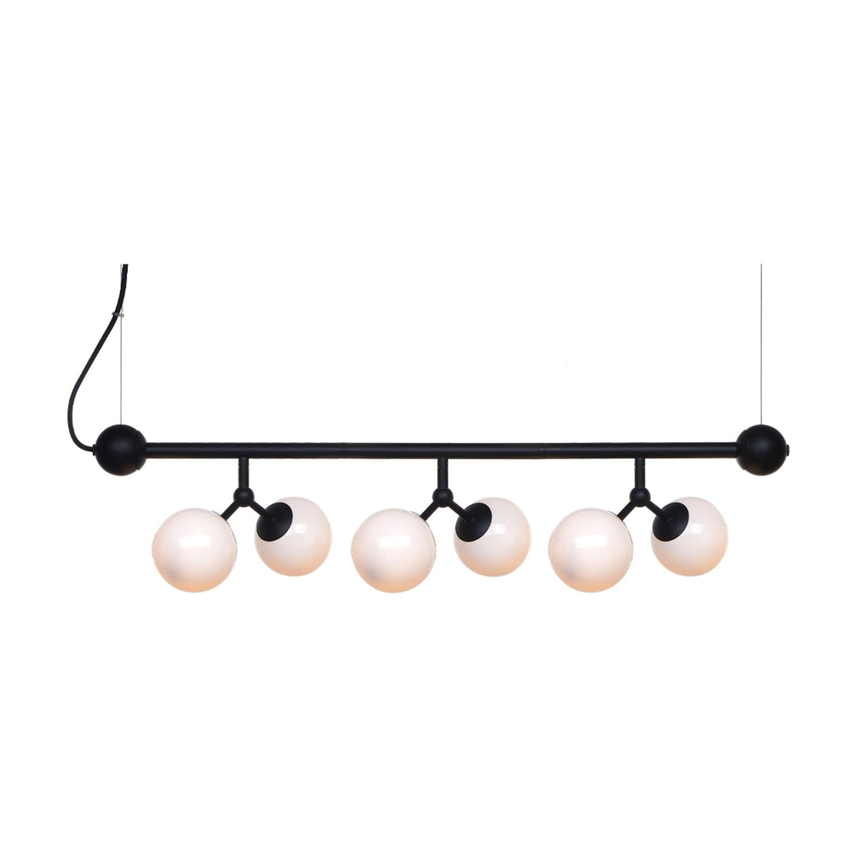Atom Mini Horizontal Glass 6 Light Chandelier in black, a horizontal bar suspended on two wires with six opal glass spheres branching in pairs, on a plain white background.