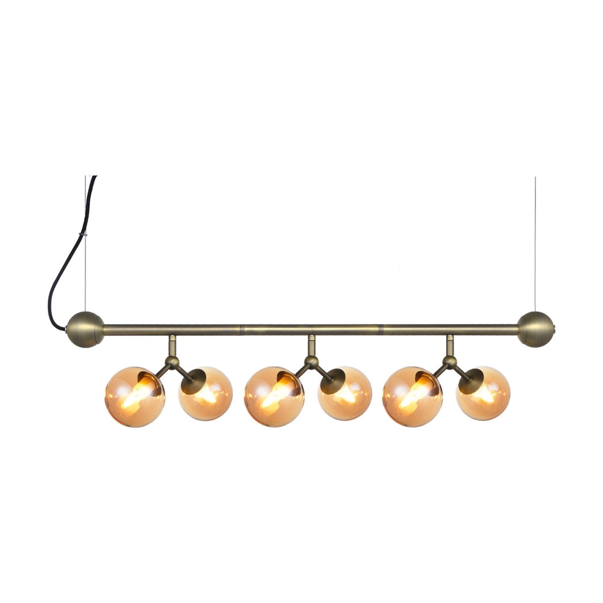 Atom Mini Horizontal 6 Light Chandelier in antique brass, a horizontal bar with six amber glass spheres on brass stubs, hung level on wires against a plain white background.