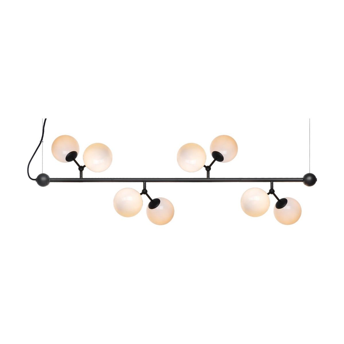 Atom Maxi Horizontal Glass 8 Light Chandelier in black, with a horizontal bar suspended by two wires and eight opal glass globes branching off in angled pairs, on a plain white background.